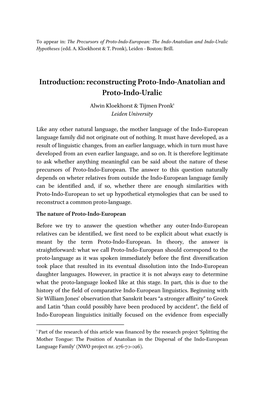 Reconstructing Proto-Indo-Anatolian and Proto-Indo-Uralic Alwin Kloekhorst & Tijmen Pronk1 Leiden University