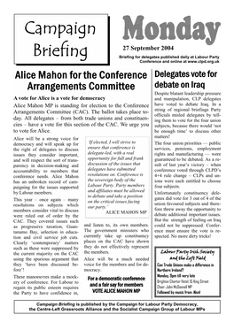 Campaign Briefing Is Published by the Campaign for Labour Party Democracy, the Centre-Left Grassroots Alliance and the Socialist Campaign Group of Labour Mps