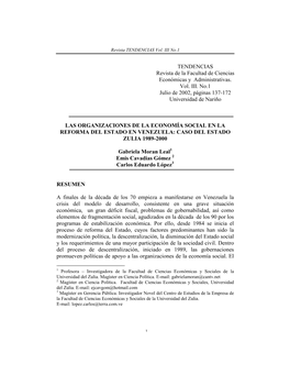 Las Organizaciones De La Economía Social En La Reforma Del Estado En Venezuela: Caso Del Estado Zulia 1989-2000