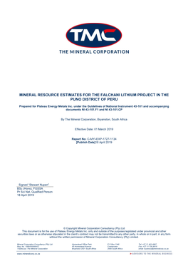 Mineral Resource Estimates for the Falchani Lithium Project in the Puno District of Peru