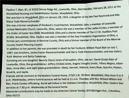 February 28,2011 at the Pauline T. Blair, 87, of 33555 Devoe Ridge Rd., Lewisville, Ohio, Died Monday, Woodsfield Nursing and Rehabilitation Center, Woodsfield, Ohio