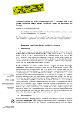 Schnellrecherche Der SFH-Länderanalyse Vom 13. Oktober 2017 Zu Sri Lanka: Häusliche Gewalt Gegen Tamilische Frauen Im Nordosten Des Landes