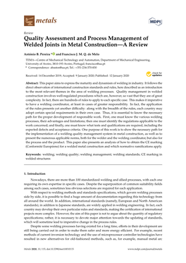 Quality Assessment and Process Management of Welded Joints in Metal Construction—A Review