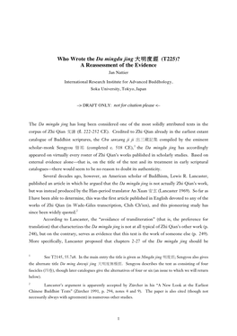 Who Wrote the Da Mingdu Jing 大明度經(T225)? a Reassessment of the Evidence