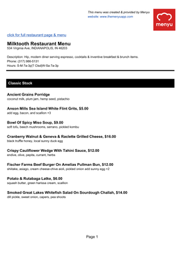 Milktooth Restaurant Menu 534 Virginia Ave, INDIANAPOLIS, in 46203