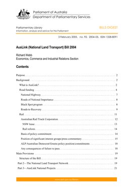 Auslink (National Land Transport) Bill 2004 (Bills Digest, No. 92, 2004-05)