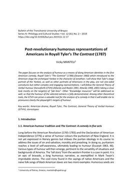 Post-Revolutionary Humorous Representations of Americans in Royall Tyler’S the Contrast (1787)