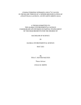 Characterizing Nitrogen and Δ15n Values in the Blade Tissues of a Windward Population of Avrainvillea Lacerata, an Invasive Green Alga