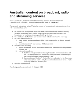 Australian Content on Broadcast, Radio and Streaming Services