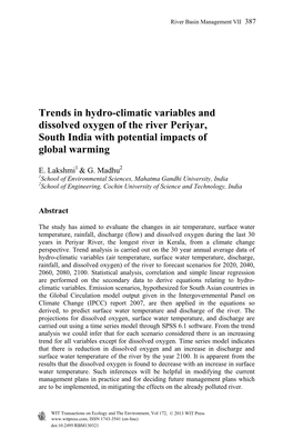 Trends in Hydro-Climatic Variables and Dissolved Oxygen of the River Periyar, South India with Potential Impacts of Global Warming