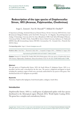 ﻿Redescription of the Type Species of Diaphorocellus Simon, 1893 (Araneae, Palpimanidae, Chediminae)