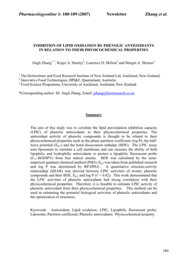 Pharmacologyonline 1: 180-189 (2007) Newsletter Zhang Et Al