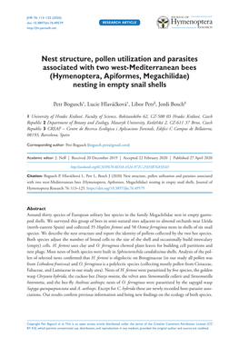 Nest Structure, Pollen Utilization and Parasites Associated with Two West-Mediterranean Bees (Hymenoptera, Apiformes, Megachilidae) Nesting in Empty Snail Shells