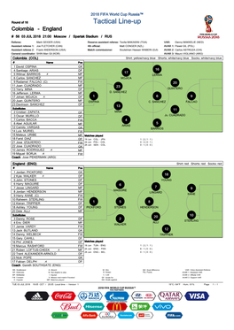 Tactical Line-Up Colombia - England # 56 03 JUL 2018 21:00 Moscow / Spartak Stadium / RUS