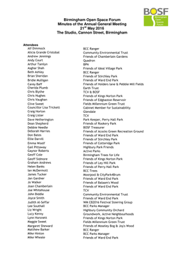Birmingham Open Space Forum Minutes of the Annual General Meeting 21 St May 2016 the Studio, Cannon Street, Birmingham