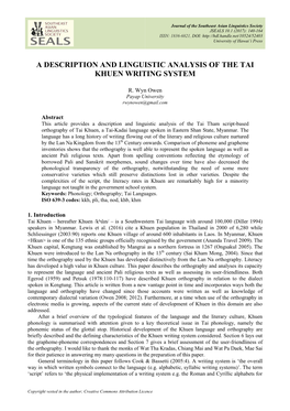 A Description and Linguistic Analysis of the Tai Khuen Writing System