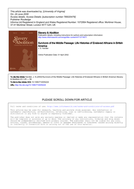 Survivors of the Middle Passage: Life Histories of Enslaved Africans in British America J