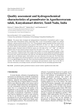 Quality Assessment and Hydrogeochemical Characteristics of Groundwater in Agastheeswaram Taluk, Kanyakumari District, Tamil Nadu, India