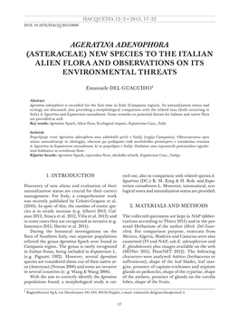 Ageratina Adenophora Is Recorded for the First Time in Italy (Campania Region)