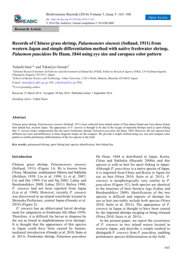 Records of Chinese Grass Shrimp, Palaemonetes Sinensis