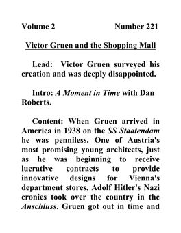 Volume 2 Number 221 Victor Gruen and the Shopping Mall Lead: Victor
