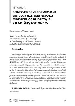 Seimo Veiksnys Formuojant Lietuvos Užsienio Reikalų Ministerijos Biudžetą Ir Struktūrą 1920–1927 M