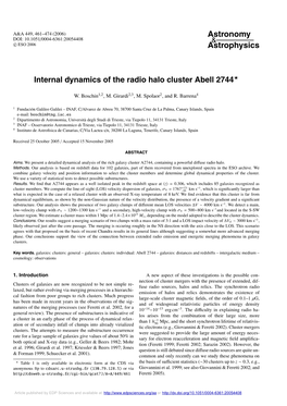 Internal Dynamics of the Radio Halo Cluster Abell 2744