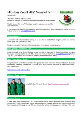 Hibiscus Coast AFC Newsletter 13 July 2012