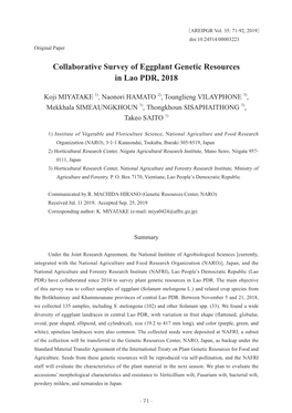 Collaborative Survey of Eggplant Genetic Resources in Lao PDR, 2018