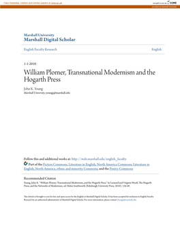 William Plomer, Transnational Modernism and the Hogarth Press John K