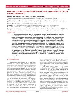 Host Cell Transcriptome Modification Upon Exogenous HPV16 L2 Protein Expression