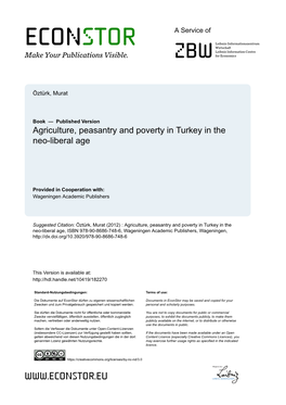 Agriculture, Peasantry and Poverty in Turkey in the Neo-Liberal Age