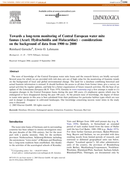 Acari: Hydrachnidia and Halacaridae) – Considerations on the Background of Data from 1900 to 2000 Reinhard Gereckeã, Erwin O