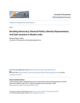 Electoral Politics, Minority Representation, and Dalit Assertion in Modern India