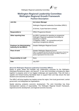 Wellington Regional Leadership Committee Wellington Regional Growth Framework Position Description