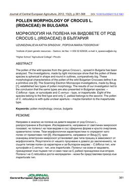 Pollen Morphology of Crocus L. (Iridaceae) in Bulgaria Морфология На Полена На Видовете От Род Crocus L.(Iridaceae) В България