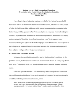 National Lawyers Guild International Committee Presentation to the United Nations Decolonization Committee Hearings on Puerto Rico June 22, 2015