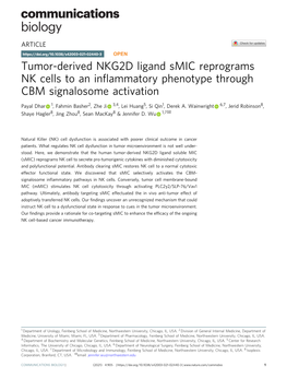 Tumor-Derived NKG2D Ligand Smic Reprograms NK Cells to an Inﬂammatory Phenotype Through CBM Signalosome Activation