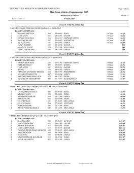 22Nd Asian Athletics Championships 2017 Bhubaneswar, Odisha 09-Jul-17 6/7/17 - 9/7/17 6-9 July 2017