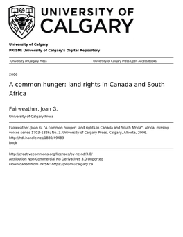 A Common Hunger: Land Rights in Canada and South Africa