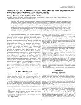 Two New Species of Hymenolepis (Cestoda: Hymenolepididae) from Murid Rodents (Rodentia: Muridae) in the Philippines