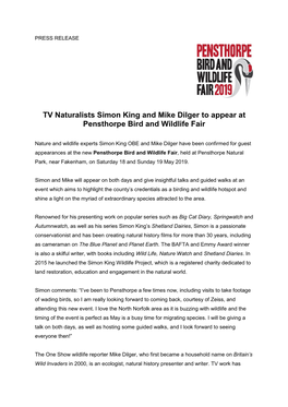 TV Naturalists Simon King and Mike Dilger to Appear at Pensthorpe Bird and Wildlife Fair