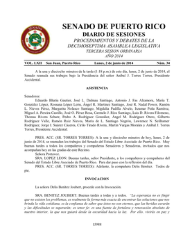 Senado De Puerto Rico Diario De Sesiones Procedimientos Y Debates De La Decimoseptima Asamblea Legislativa Tercera Sesion Ordinaria Año 2014 Vol