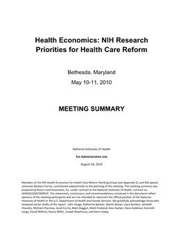 Health Economics: NIH Research Priorities for Health Care Reform