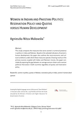 Women in Indian and Pakistani Politics: Reservation Policy and Quotas Versus Human Development