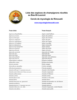 Liste Des Espèces De Champignons Récoltés Au Bas-St-Laurent Cercle