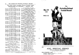 AUSTRALIAN NATIONAL FOOTBALL RECORD New South Wales Australian National Football League PROGRAMME of MATCHES - SEASON 1959 The