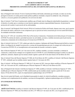 Decreto Supremo N° 4497 Luis Alberto Arce Catacora Presidente Constitucional Del Estado Plurinacional De Bolivia