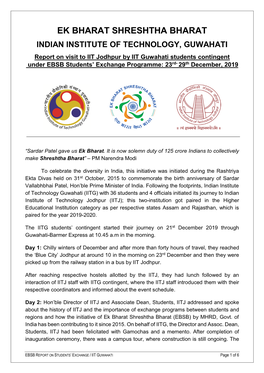 Report on Visit to IIT Jodhpur by IIT Guwahati Students Contingent Under EBSB Students’ Exchange Programme: 23Rd- 29Th December, 2019