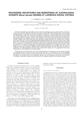 RECOVERIES, RECAPTURES and RESIGHTINGS of AUSTRALASIAN GANNETS Morus Serrator BANDED at LAWRENCE ROCKS, VICTORIA